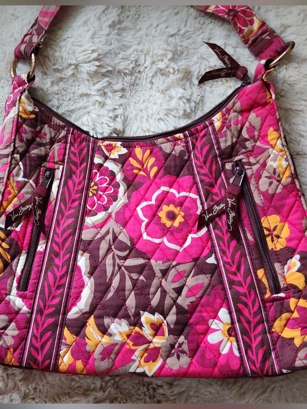 Vera Bradley Hot Pink Floral Quilted Shoulder Bag with Yellow Accents. Like New